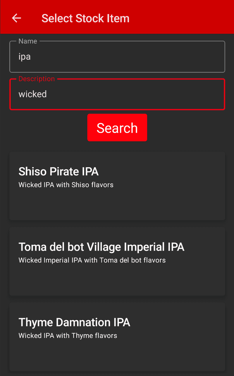 Select Stock Item screen