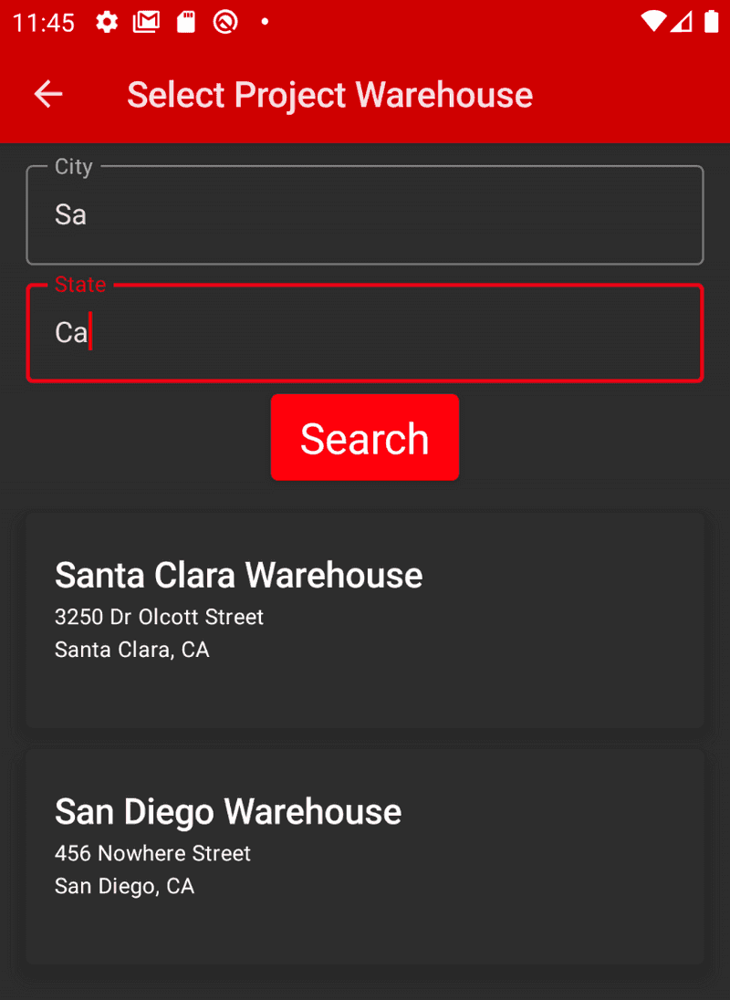 Select Project screen